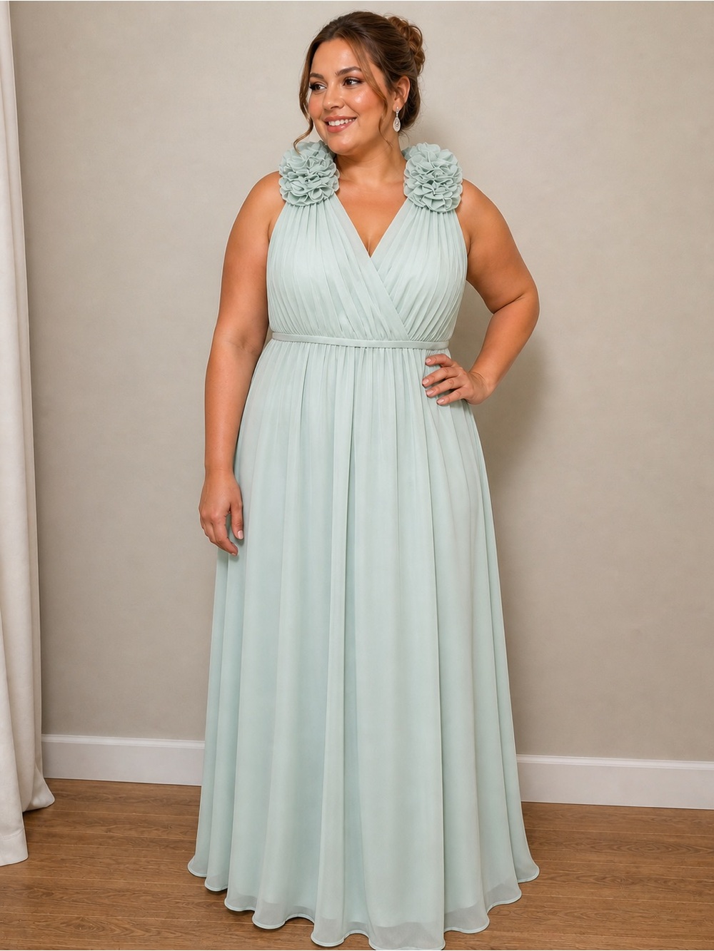 Bari Jay Mint Green Pleated V‑Neck Maxi Dress with Floral Shoulder Details